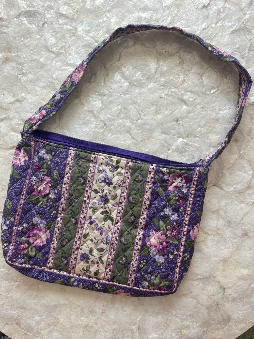 Vintage Quilted Floral Shoulder Bag in Purple and Green